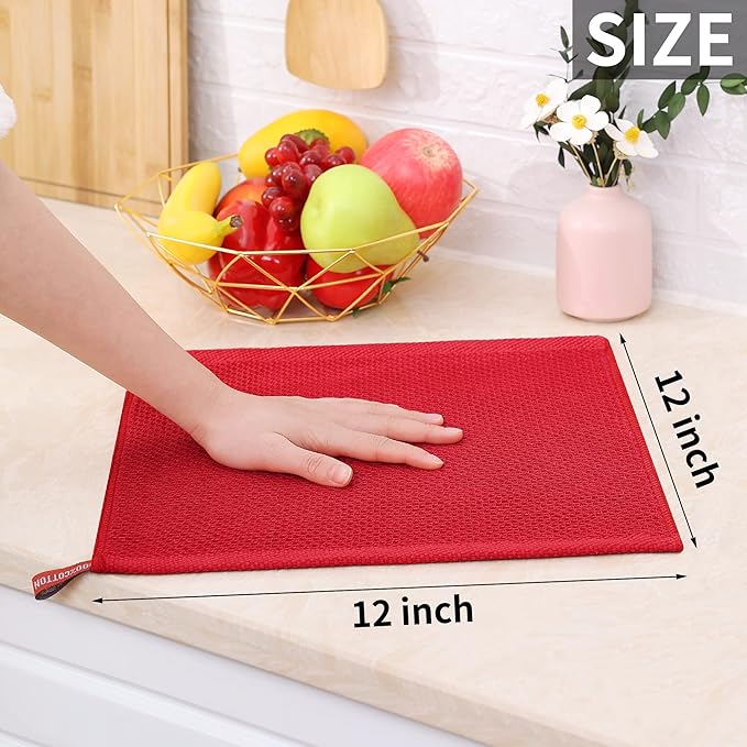 Homaxy 100% Cotton Waffle Weave Kitchen Dish Cloths, Ultra Soft Absorbent Quick Drying Dish Towels, 12 x 12 Inches, 12-Pack, Red