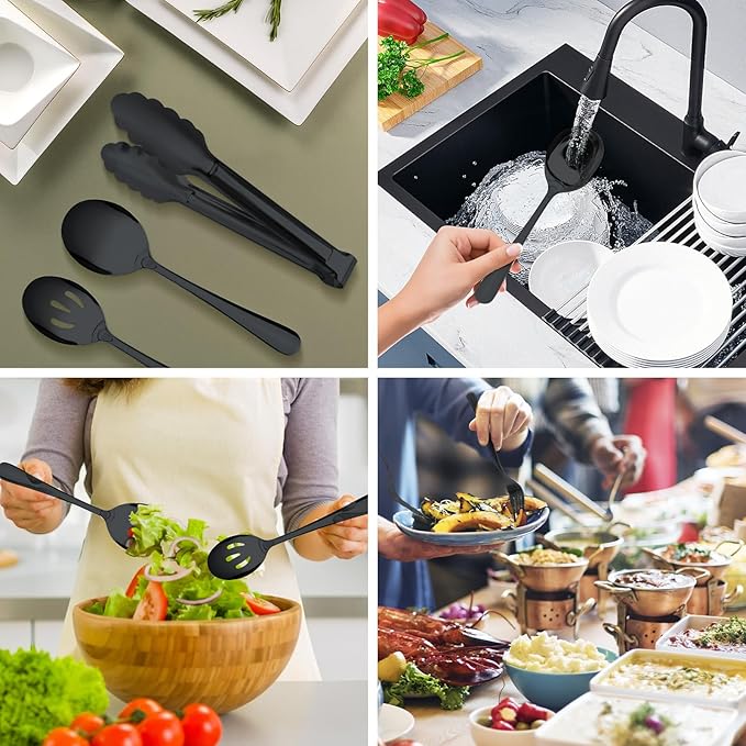 17PCS Serving Utensils Set Flatware, Stainless Steel Serveware Large Serving Spoons, Slotted Spoons, Forks, Tongs, Cake Server,Soup and Skimmer Spoon for Buffet, Catering, Party, Dinner (Black)