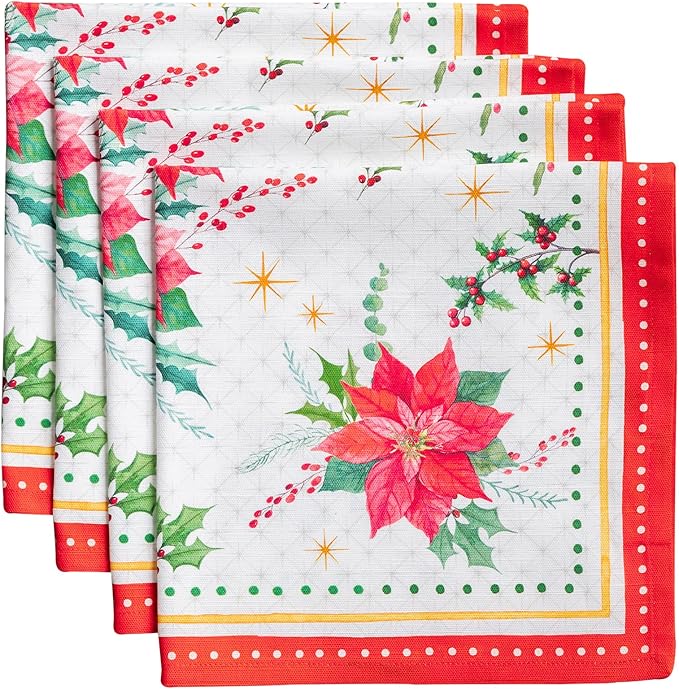 Maison d' Hermine Cloth Napkins Set of 4 100% Cotton for Thanksgiving Christmas Decorations Everyday Reusable Square Fall Napkins Cloth Washable Dinner Party (Poinsettia Christmas, 20"x20")