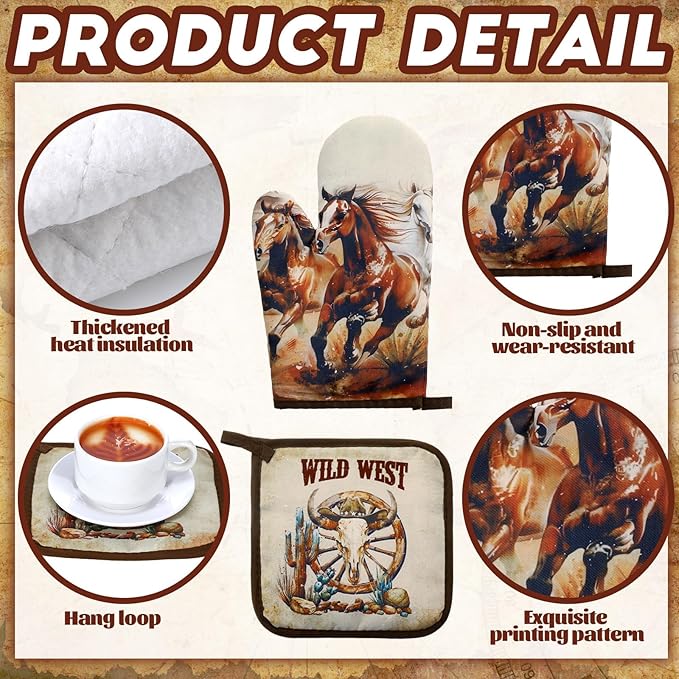Leinuosen 6 Western Cowboy Kitchen Towels Kitchen Decor and Accessories Set Floral Plant Oven Mitts and Pot Holders Sets Farmhouse Absorbent Dish Towels for Cooking Baking Grilling