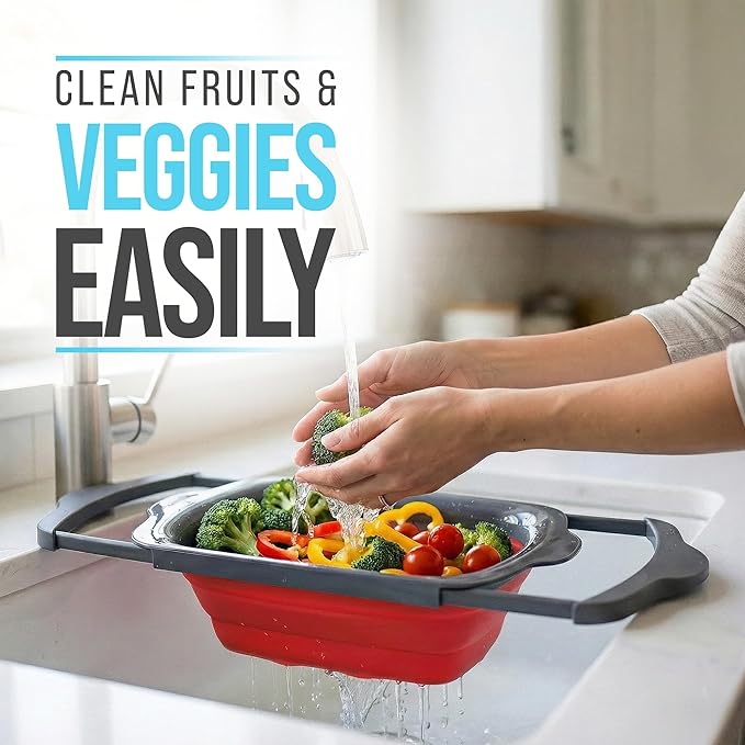 Comfify XL Large Kitchen Strainer - Collapsible Silicone Over-The-Sink Colander with Extendable Handles - Use with Pasta, Fruit, Berries & Veggie - 6 Quart - Red