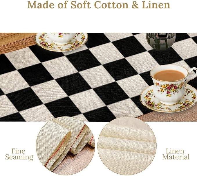 Black White Plaid Table Runner Racing Party Theme Runner for Home Kitchen Birthday Party Dining Table Living Room Decor Fabric 1 Panel W13xL60in