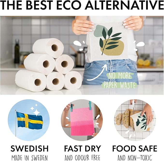 SUPERSCANDI 5 Pack Swedish Dishcloths for Kitchen - 100% Biodegradable & Compostable | Reusable Paper Towels Washable, Food-Safe & Without Plastic - Dish Rags Suitable for Any Surface | Botanic Print