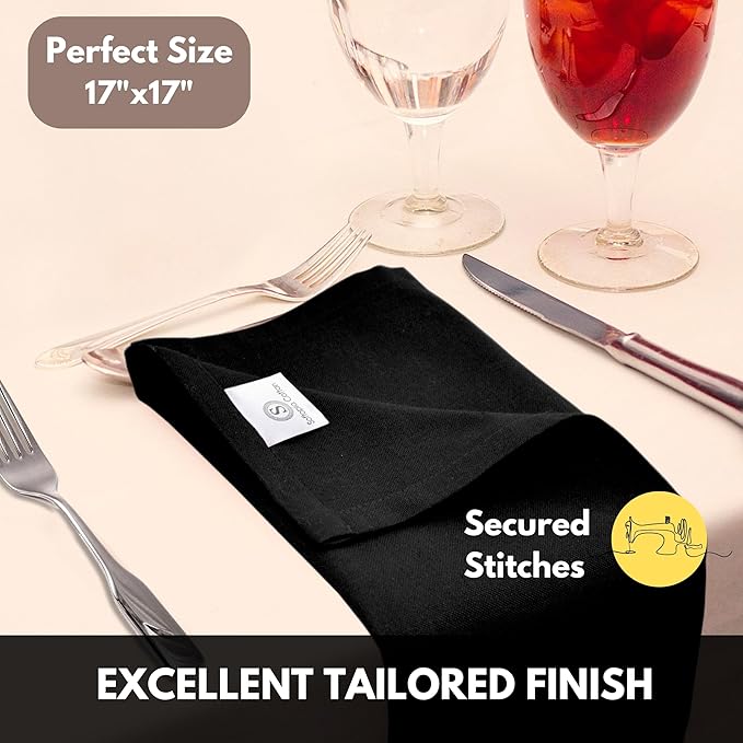 Cloth Napkin 100% Cotton Set of 4 Decorative Washable Table Napkins for Dining, Home, Wedding, Banquet - Black (17"x17")