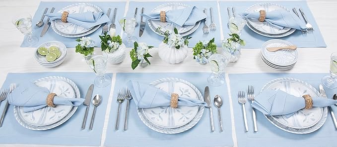 Solino Home Linen Placemats Set of 4 - Classic Hemstitch Sky Blue Placemats 14 x 19 Inch - 100% Pure Linen Table Mats for Spring, Summer, Mothers Day
