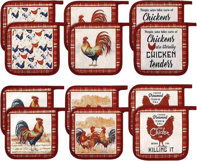 Bencailor 12 Pcs Pot Holders with Pocket Kitchen Hot Potholders Hot Pad Oven Mitts Cookie Bag Oven Gloves for Kitchen Gift Baking Cooking(Bright Red,Red Rooster)