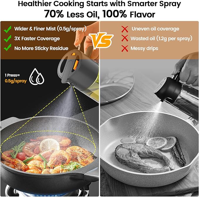 2-IN-1 500ml/17oz Light-Blocking Dark Oil Sprayer for Cooking with Sticker, Dark Green Glass Olive Oil Dispenser Bottle for Kitchen, Even Spray with Portion Control, Perfect for Air Fryer, BBQ - Black