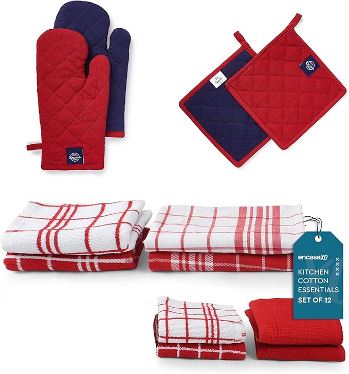 Encasa XO Kitchen and Dish Towels - Oven Mitts - Pot Holder Set of 12 Pc - Pure Cotton - Dishcloths Red Combo