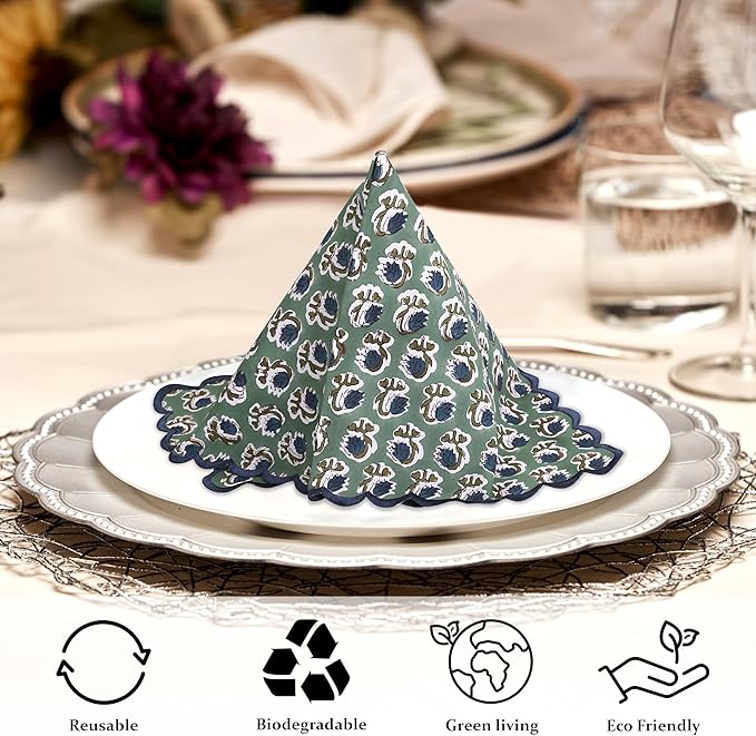 Ridhi Hand Block Print Basil Green 18" x 18" (Set of 4) Embroidery Table Napkins Reusable Cotton Dinner Napkins for Weddings, Parties, Everyday Dining Gift for Spring, Easter, Valentine