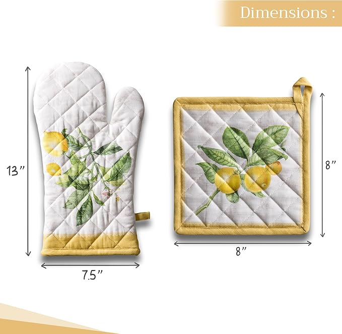 Maison d' Hermine 100% Cotton Oven Mitt & Pot Holder Set (7.5"x13" & 8"x8") Heat Resistant BBQ Cooking Gloves with Loop Baking Grilling Kitchen Gifts for Mothers Day Spring/Summer (Limoncello)