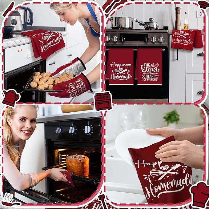 Sratte 6 Pcs Kitchen Decor Accessories Set Farmhouse Towels Pot Holders Oven Mitts Set 2 Dish Towels 2 Potholders 2 Cooking Mittens Oven Glove for Christmas Baking Cooking(Wine Red,Kitchen)