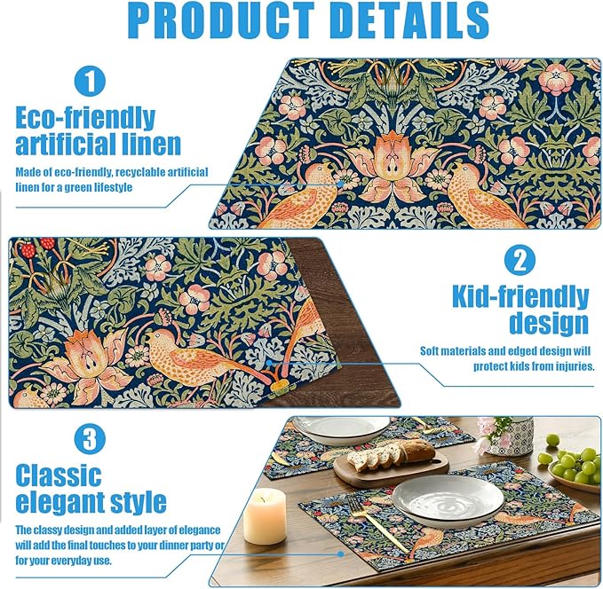 Strawberry Thief William Morris Placemats Set of 6, Floral Bird Washable Linen Place Mat Heat Resistant Non Slip Kitchen Dining Table Mats 12x18 Inch