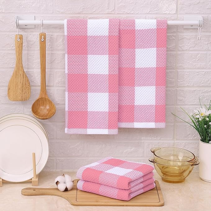 Mordimy 100% Cotton Waffle Weave Kitchen Towels, 13 x 28 Inches, Super Soft and Absorbent Buffalo Check Dish Towels for Drying Dishes, 4-Pack, Pink