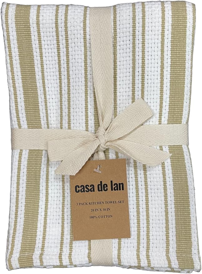 Kitchen Towels Set – Pack of 3 (20’’ x 30’’) Extra Large Premium Cotton Dish Towels for Kitchen – Basket Weave Towels – Absorbent – 100% Cotton – with Hanging Loop – Taupe