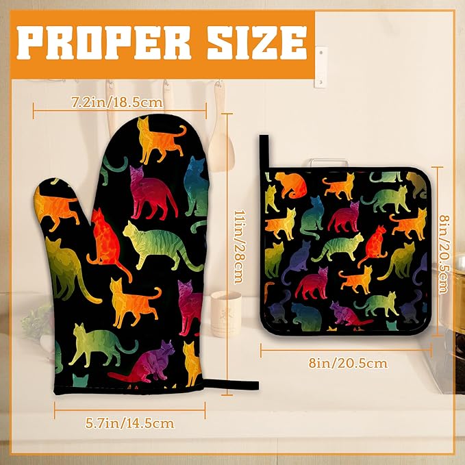 Funny Colorful Cat Oven Mitts and Pot Holders Set,Kitchen Decor Heat Resistant Non Slip Hot Pads and Oven Mitt for Chef Cooking Baking BBQ Mom Girl Gifts(4 Piece Set)