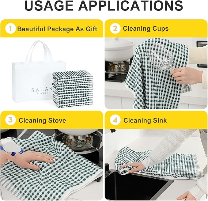 SALAS Cotton Dish Towels Cloths for Kitchen Drying Dishes, Lattice Terry Kitchen Towels, Highly Absorbent Kitchen Cloths with Hanging Loop, 16‘’ x 26‘’, 6 Packs, Green