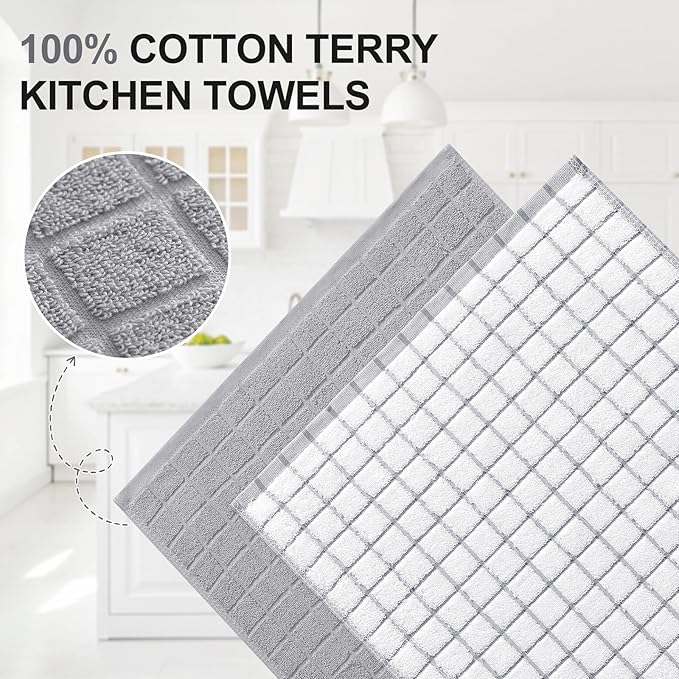 Homaxy Premium Cotton Kitchen Towels 16"x 28", Large Natural Ring Spun 390 GSM Dish Towels, Super Absorbent Terry Kitchen Hand Towels, Soft Tea Towels with Hanging Loop, Light Grey Check, 12 Pack