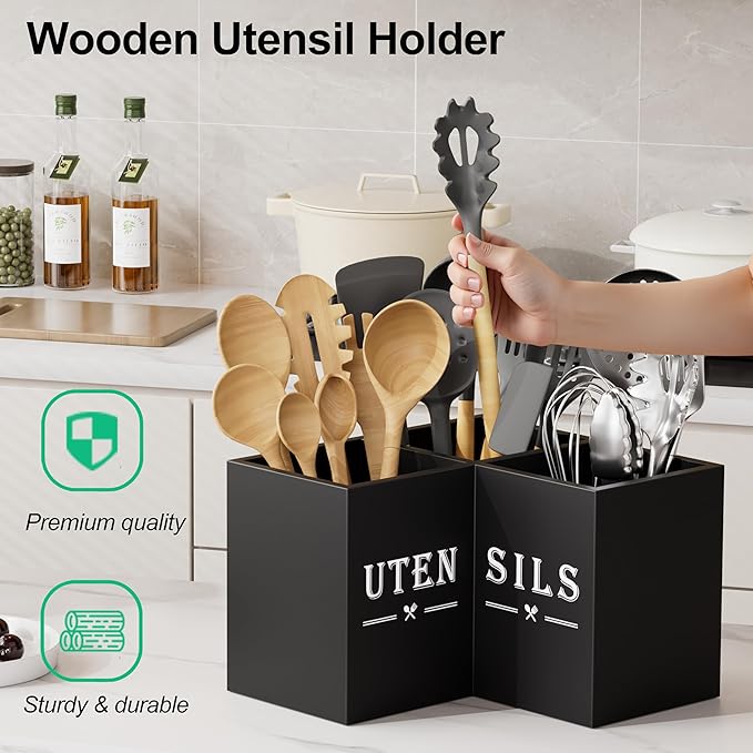 ZUJJAFY Utensil Holder for Kitchen Counter, Corner Kitchen Utensil Holder for Countertop with 3 Compartments, Wooden Cooking Utensil Organizer for Spatula Storage, Black