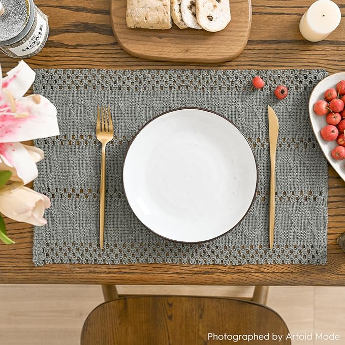 Artoid Mode Dark Grey Farmhouse Woven Rustic Hollow Placemats Set of 6,12x18 Inch Seasonal Holiday Table Mats Party Kitchen Dining Decoration
