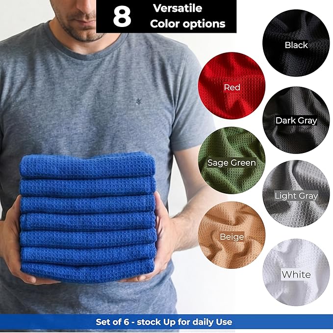 Highly Absorbent Cotton Dish Towels for Drying - Set of 6 Royal Blue Kitchen Towels - 18"X28" Lint Free Waffle Weave Cloth Linen Hand Bathroom Bulk Dishtowels