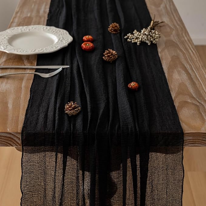 Keketoarrange 3pcs Halloween Table Runner Black Cheesecloth Gauze Rustic Premium Cotton Cheese Cloth Table Runner 120 Inch 10 FT for Wedding Bridal Baby Shower Long Sheer Boho Decorations