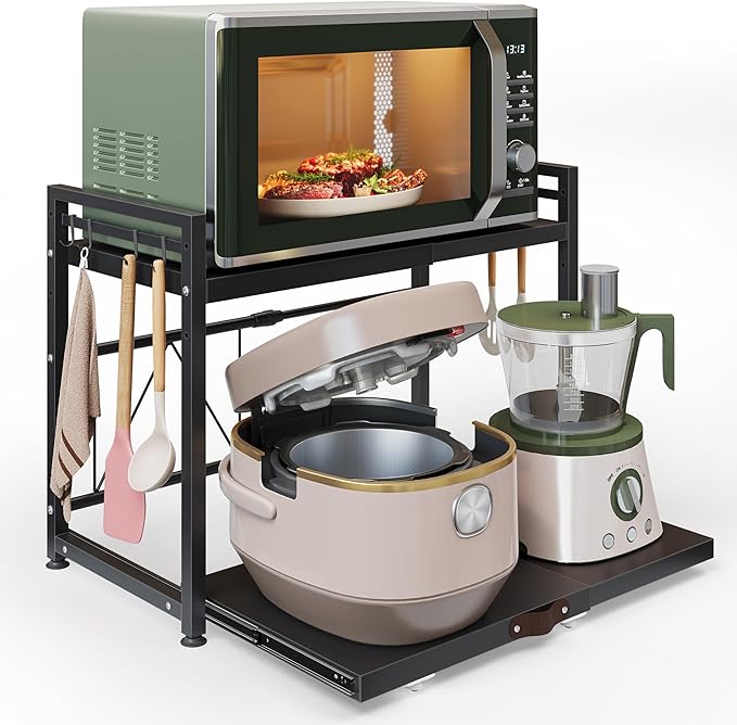 NETEL Expandable Microwave Stand,2 Tier Metal Kitchen Countertop Organizer Shelves with 8 Hooks,Bakers Rack,Pull-Out Microwave Shelf,55lbs Weight Capacity,Black