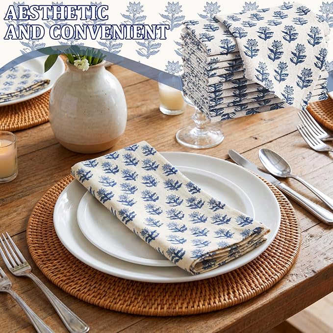 Mindsoft Set of 12 Floral Cloth Napkins Linen Cloth Napkins Spring Flower Wildflowers Dinner Napkin 18 x 18 Inch Vintage Washable Reusable for Dinner Home Restaurant Wedding Decor(Blue,12 Pcs)
