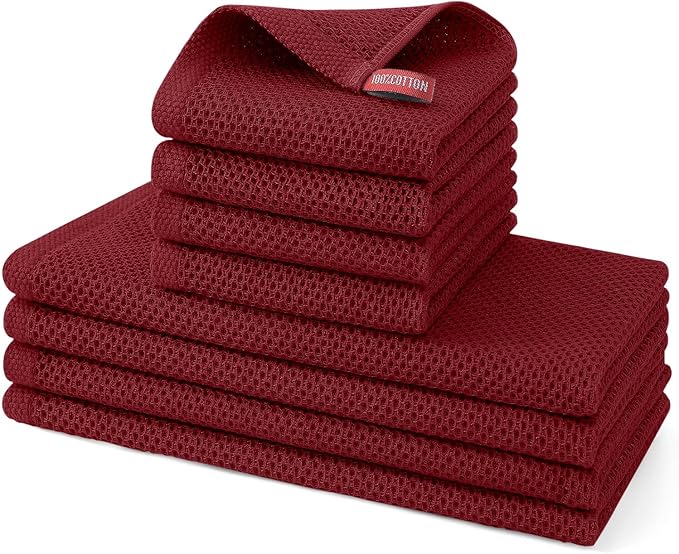 Kitinjoy 100% Cotton Kitchen Towels and Dishcloths Set, 8 Pack-13" x 28" and 12" x 12" Waffle Weave Dish Towels, Ultra Soft Absorbent Quick Drying Dish Rags, Burgundy