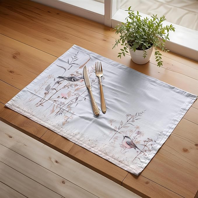 Maison d' Hermine Placemats Set of 4 100% Cotton Washable Cloth Place Mats Reusable Table Mats for Kitchen Dining Wedding Gifts for Mothers Day Spring/Summer (Meadow Florals - Brown, 13" x 19")