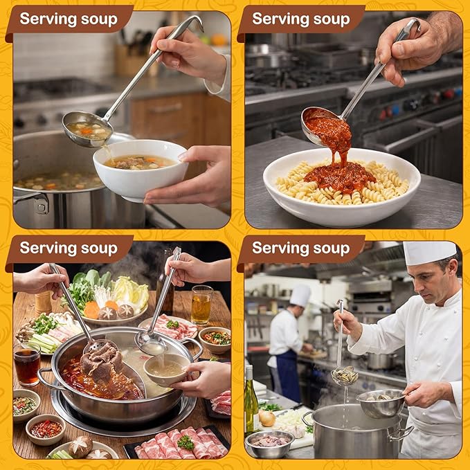 Stainless Steel Soup Ladle Serving Ladle Scoop and Slotted Spoon Set of 2 with Hook for Hanging, Cooking Utensils Set for Kitchen(2 oz)