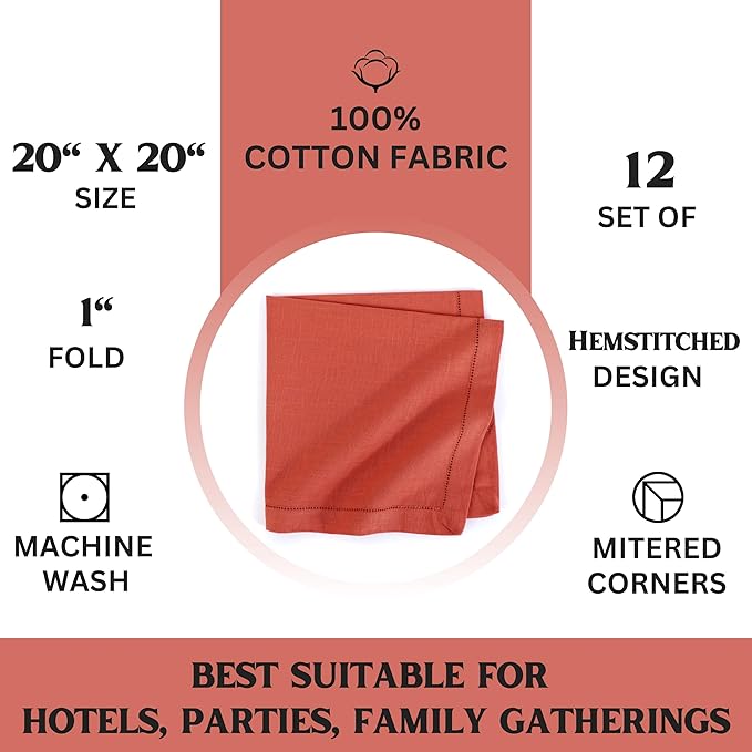 FINGERCRAFT Cloth Napkin Hemstitched 20x20 Inch Generous Picot Hem, Mitred Corner, Everyday Use Premium Quality High GSM and Good Absorbency Set of 12 Easter Color Rust