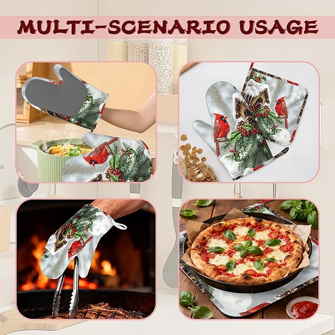 Cardinal Heat-Resistant Silicone Oven Mitts and Pot Holder 4 Piece Set,Christmas Berry Non-Slip Kitchen Oven Gloves for Baking, BBQ, Cooking,Grilling