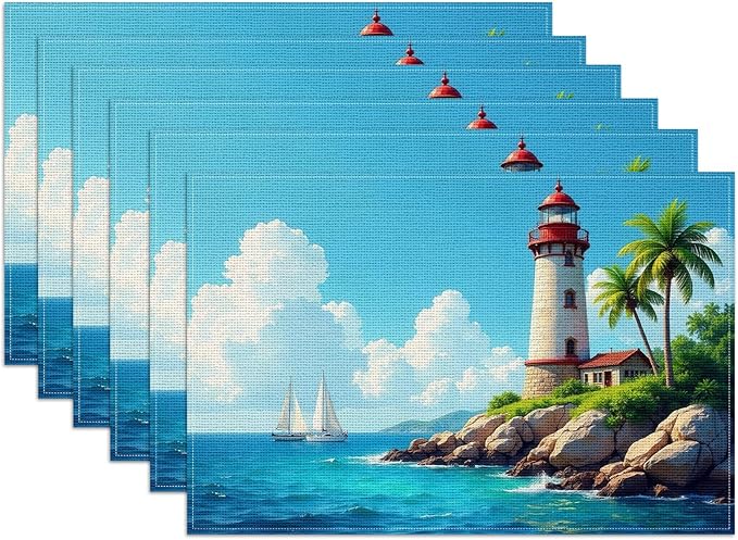 Lighthouse Placemats Set of 6, Nautical Theme Palm Linen Place Mat Washable Stain Resistant Table Mats for Farmhouse Kitchen Dining Party 12x18 Inch