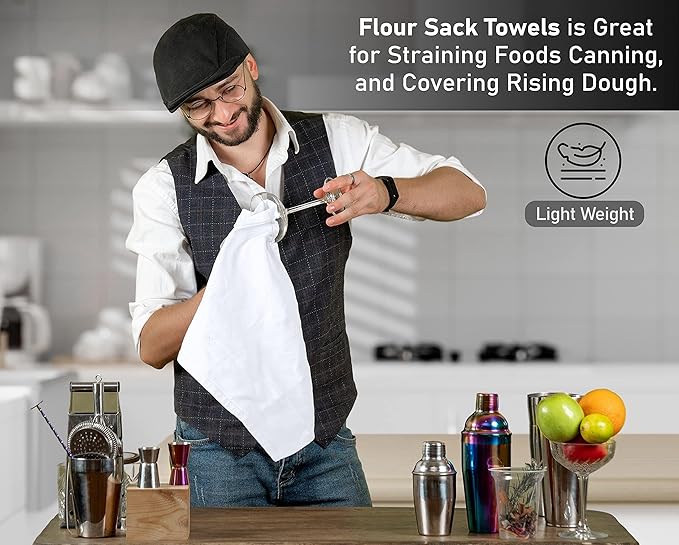 RUVANTI Flour Sack Towels 4 Pack 28x28 Inch, 100% Cotton Tea Towel, Reusable, Machine Washable, Absorbent BarTowels - Dish Cloth Perfect for Drying Dishes & Cleaning - White