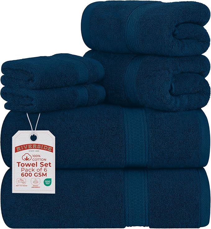 RIVERSIDE Luxury 6 Piece Towel Set, 2 Bath Towels, 2 Hand Towel, 2 Wash Cloths, 100% Cotton, 600 GSM Hotel Quality, Soft, Highly Absorbent Towels for Bathroom, Navy Blue Towel Sets