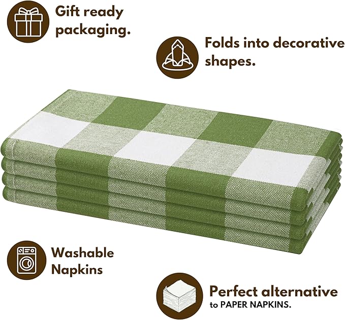 Native Fab Buffalo Check Easter Cloth Napkins - Set of 4 (16x16) 100% Cotton, Gingham Checked - Soft & Absorbent Spring Table Decor - Farmhouse Style, Washable Fabric Dinner Napkins, Mint Green