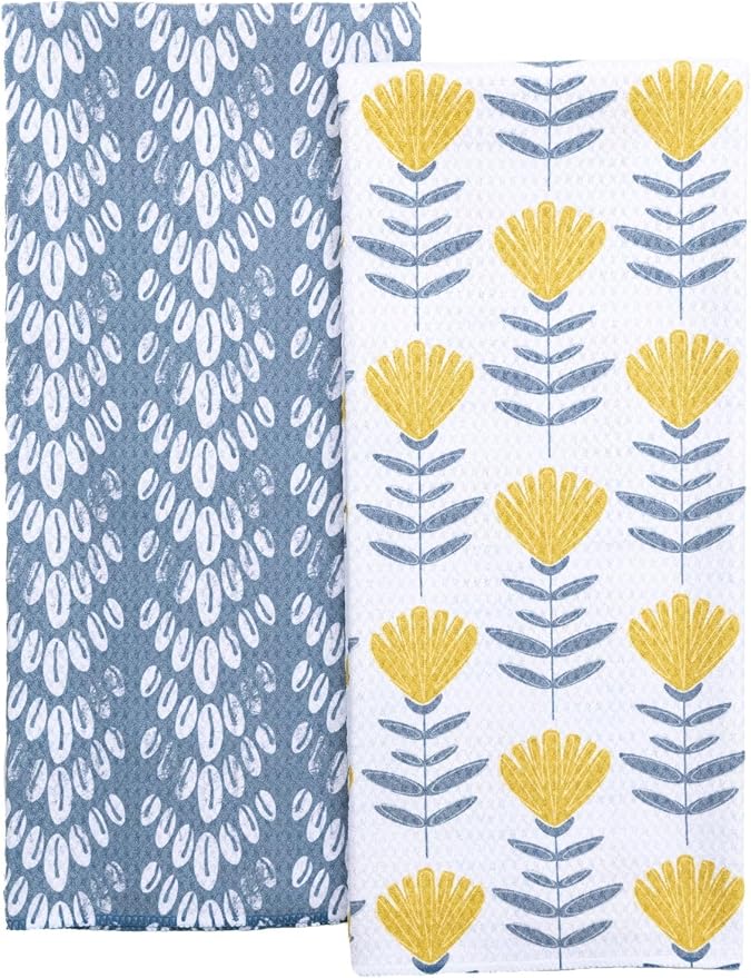 Premium Kitchen Tea Towel | Microfiber Waffle Weave | Quick Dry | Super Absorbent | Double-Sided Designer Prints | 2 Pack (Yellow Bloom)