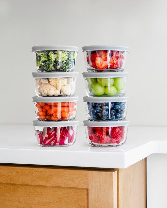 DURA LIVING 16-Piece Glass Food Storage Containers Set (8 Containers + 8 BPA-Free Lids) | 7-Ounce, Leakproof | Microwave, Freezer, Oven & Dishwasher Safe | Ideal for Meal Prep & Pantry Organization