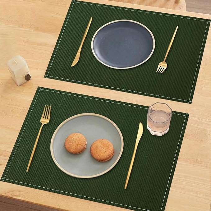 Niviy Dark Green Placemats Set of 4, 12x18 Inch Washable Easy to Clean Heat-Resistant Anti-Skid Grey Placemats for Holiday Party Kitchen Dining Room Decoration