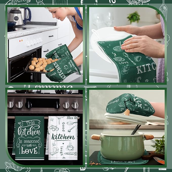 12 Pcs Farmhouse Kitchen Decor and Accessories Sets 4 Green Kitchen Towels 4 Absorbent Dishcloths 2 Pot Holders 2 Oven Mitts Gloves for Home Decorations Mom Gifts