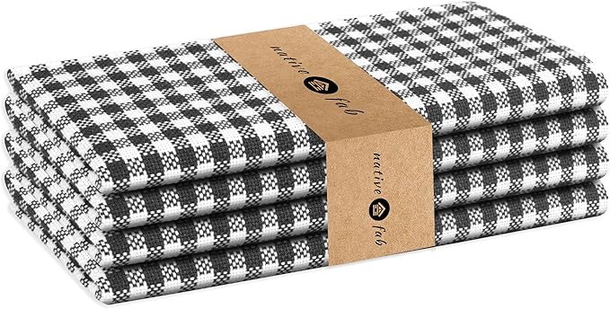 Native Fab Set of 4 Gingham Mini Check Cloth Dinner Napkins 100% Cotton 16x16 inches Soft Comfortable Absorbent Restaurant Hotel Quality - Easy Care Washable Wedding Daily Everyday Use - Black