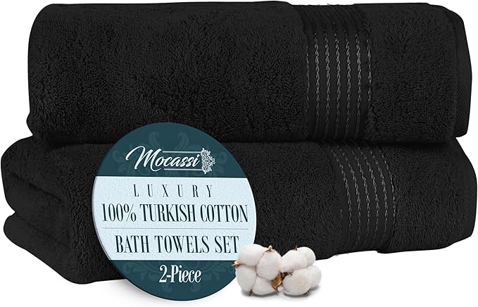 Mocassi Luxury 100% Turkish Cotton 2-Pack Bath Towel Set- Ultra Soft, Quick Dry Highly Absorbent 27 x 54 inch Premium Spa Hotel Quality 2PC Bath Towels - Luxurious Soft Bathroom Towels, Black