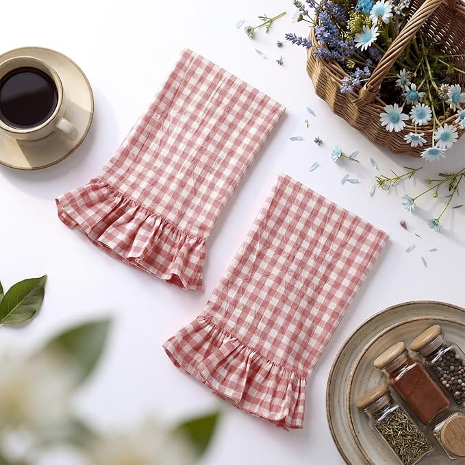 HunnmingRe Pink Kitchen Towels Set of 2, 100% Cotton Ruffled Gingham Dish Towels 18"x28" Absorbent Tea Cloths Classic Plaid Pattern for Farmhouse Charm, Drying Dishes, Entertaining Guests