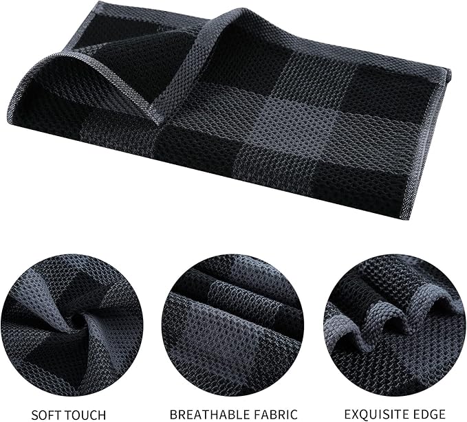 Mordimy 100% Cotton Waffle Weave Kitchen Towels, 13 x 28 Inches, Super Soft and Absorbent Buffalo Check Dish Towels for Drying Dishes, 4-Pack, Black & Grey