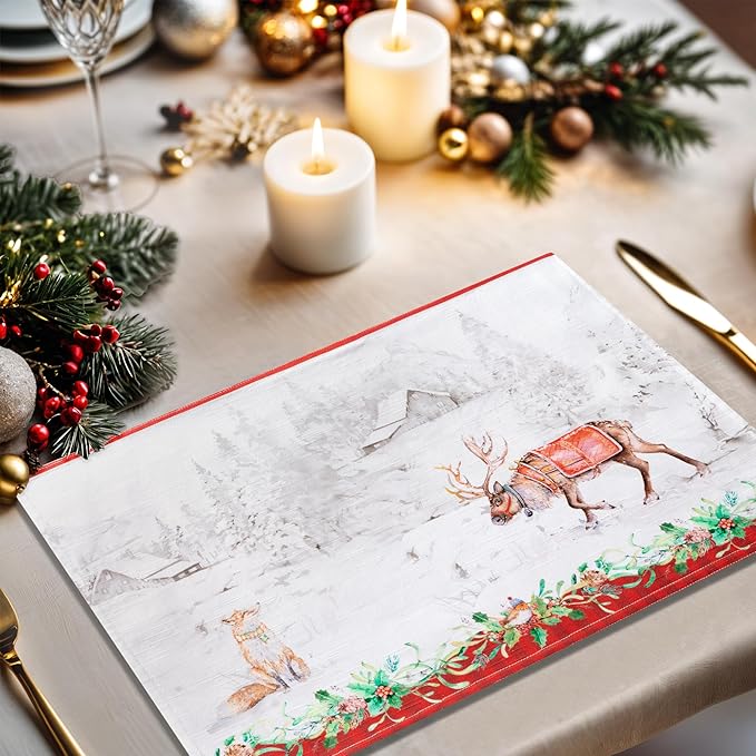 Maison d' Hermine Placemats Set of 4 100% Cotton Washable Cloth Place Mats, Reusable Table Mats for Thanksgiving Christmas Decorations Kitchen Dining Party Wedding (Christmas Tradition, 13" x 19")