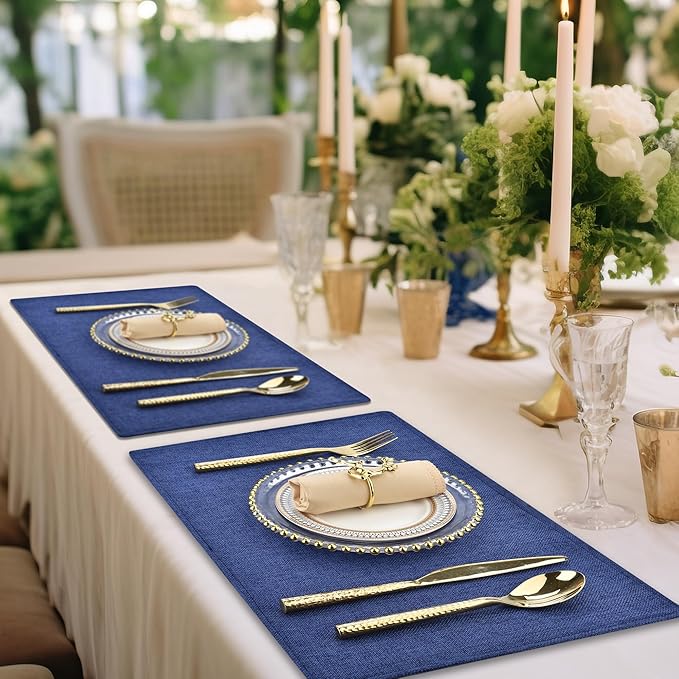 SLKQG Blue Linen-Look Placemats Set of 8, Heat Resistant & Machine Washable Double-Layered Cloth Placemats for Dining Table, Indoor/Outdoor Use, Non-Slip Kitchen Table Mats (8, Navy Blue)