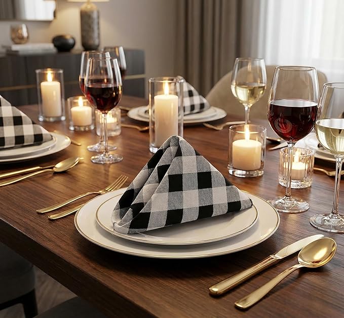 Gingham Check Cloth Dinner Napkin Set of 12 Black White 16x16 Inches, Premium Cotton Everyday Dinning Table Napkins Ideal for Wedding, Spring, Easter | Washable Checkered Soft Fabric for BBQ Events