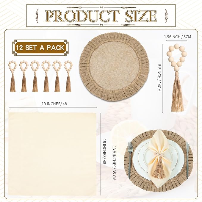 Gejoy Round Burlap Placemats Wood Bead Napkin Rings with Dinner Napkins Cloth, Jute Heat Resistant Placemats Boho Wooden Rings for Plates Wedding Dining Table(36 Pcs)