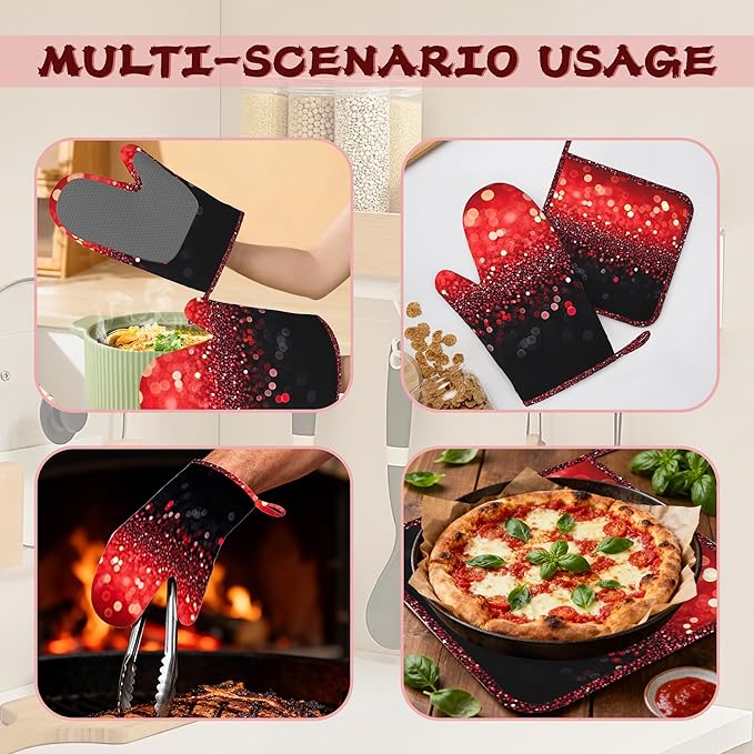 Red Gradient Sparkle Heat-Resistant Silicone Oven Mitts and Pot Holders,Long Oven Gloves with Non-Slip Grip for Cooking, Baking, Grilling,BBQ