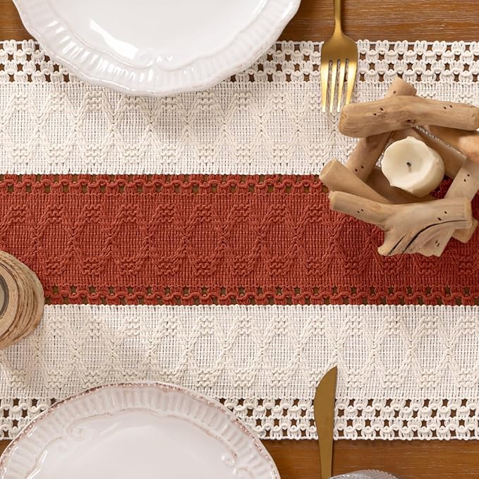 DeZerlor Boho Macrame Table Runner Terracotta Spring Easter Farmhouse Woven Table Runner with Tassels 108 Inches Ivory& Rust Cotton Linen Kitchen Table Decor for Dining Dresser Home Tea Table Decor